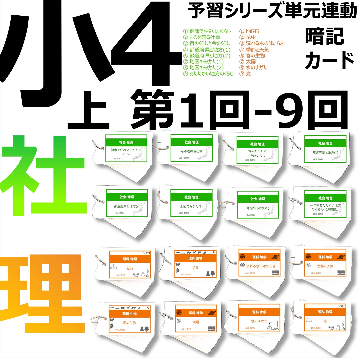 (暗記カード)4年上 社会・理科 1-9回 (ハーフセット)