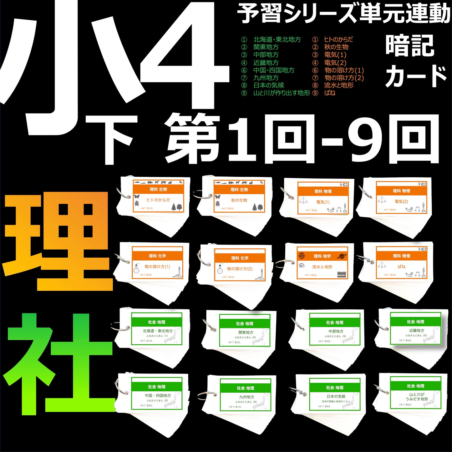 (暗記カード)4年下 社会・理科 1-9回 (ハーフセット)