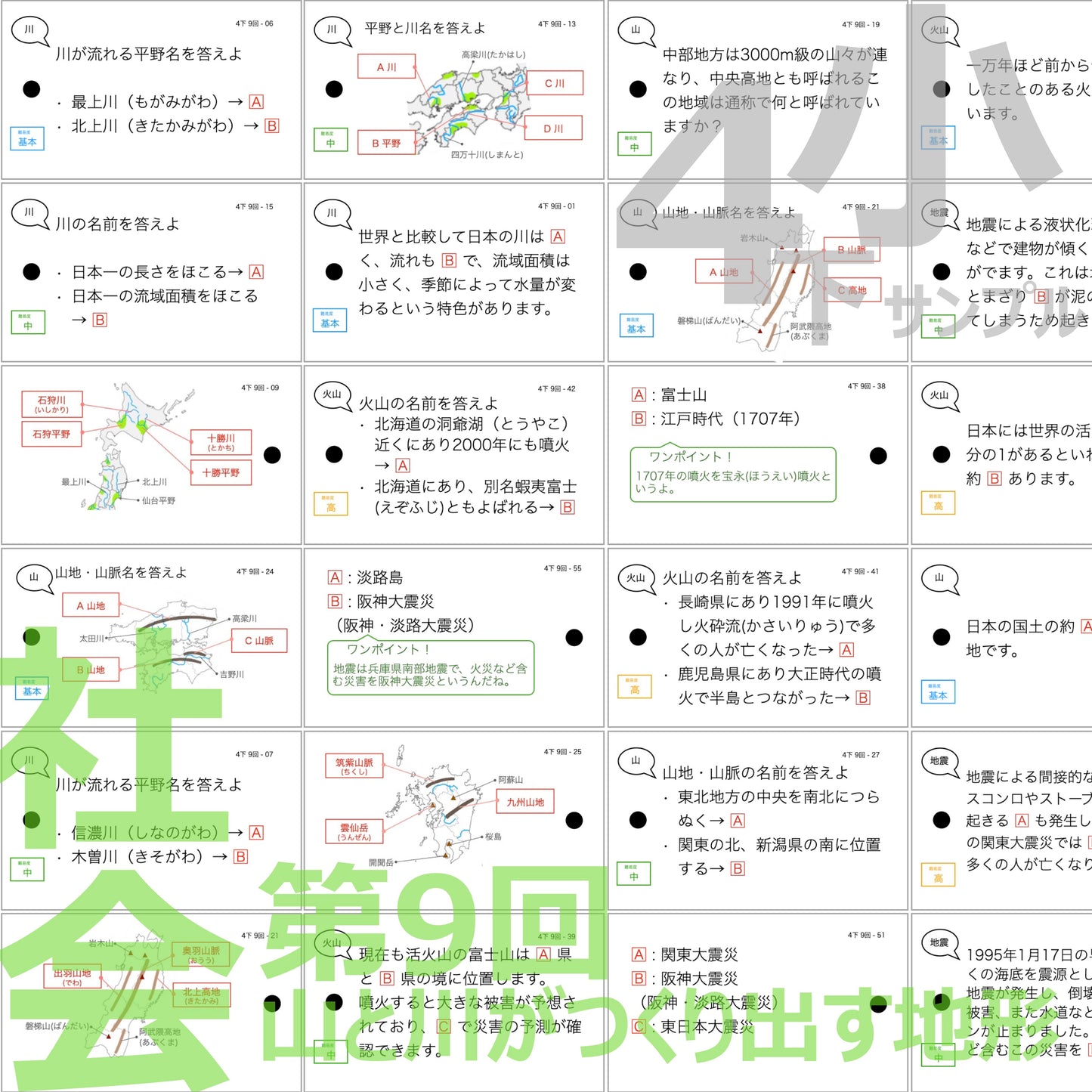 (暗記カード)4年生上下理社全セット(上期1~19回、下期1~18回)