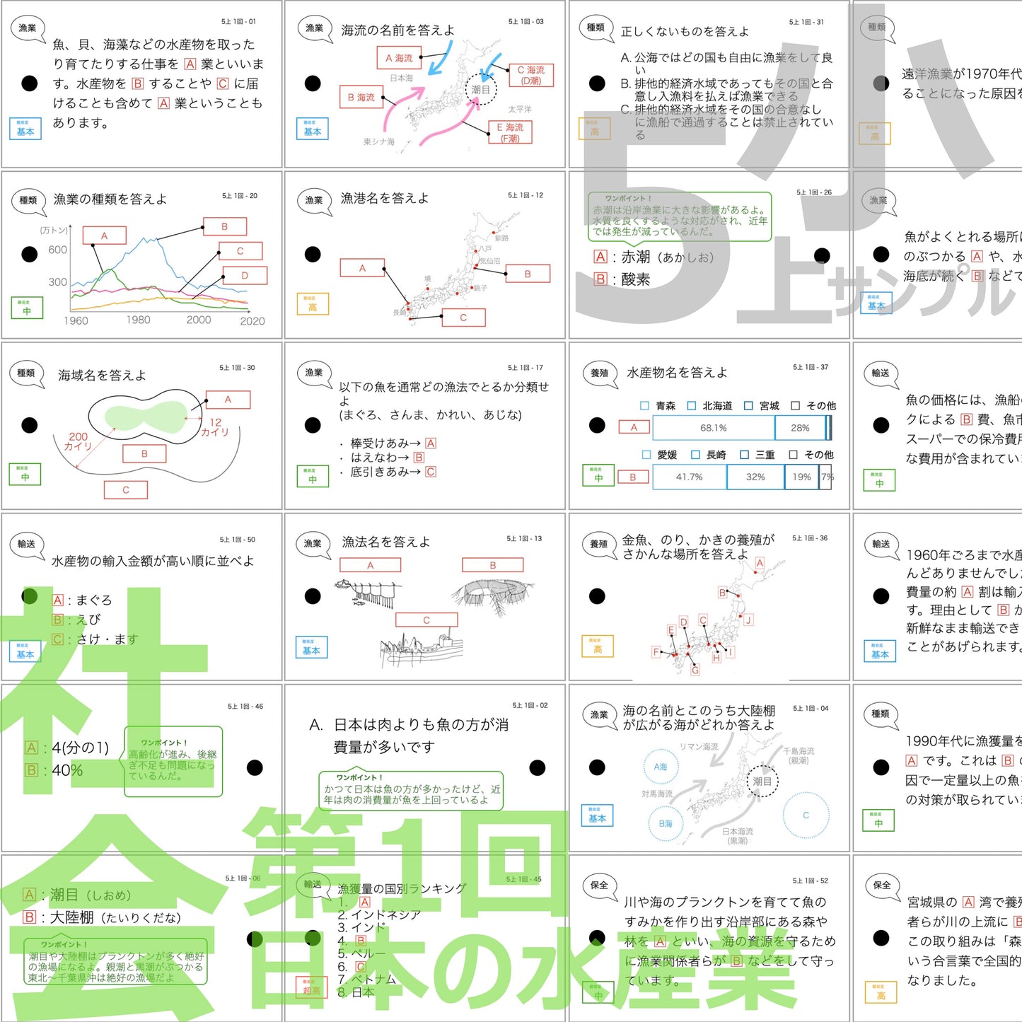 (暗記カード)5年生上下理社全セット(上期1~19回、下期1~18回)