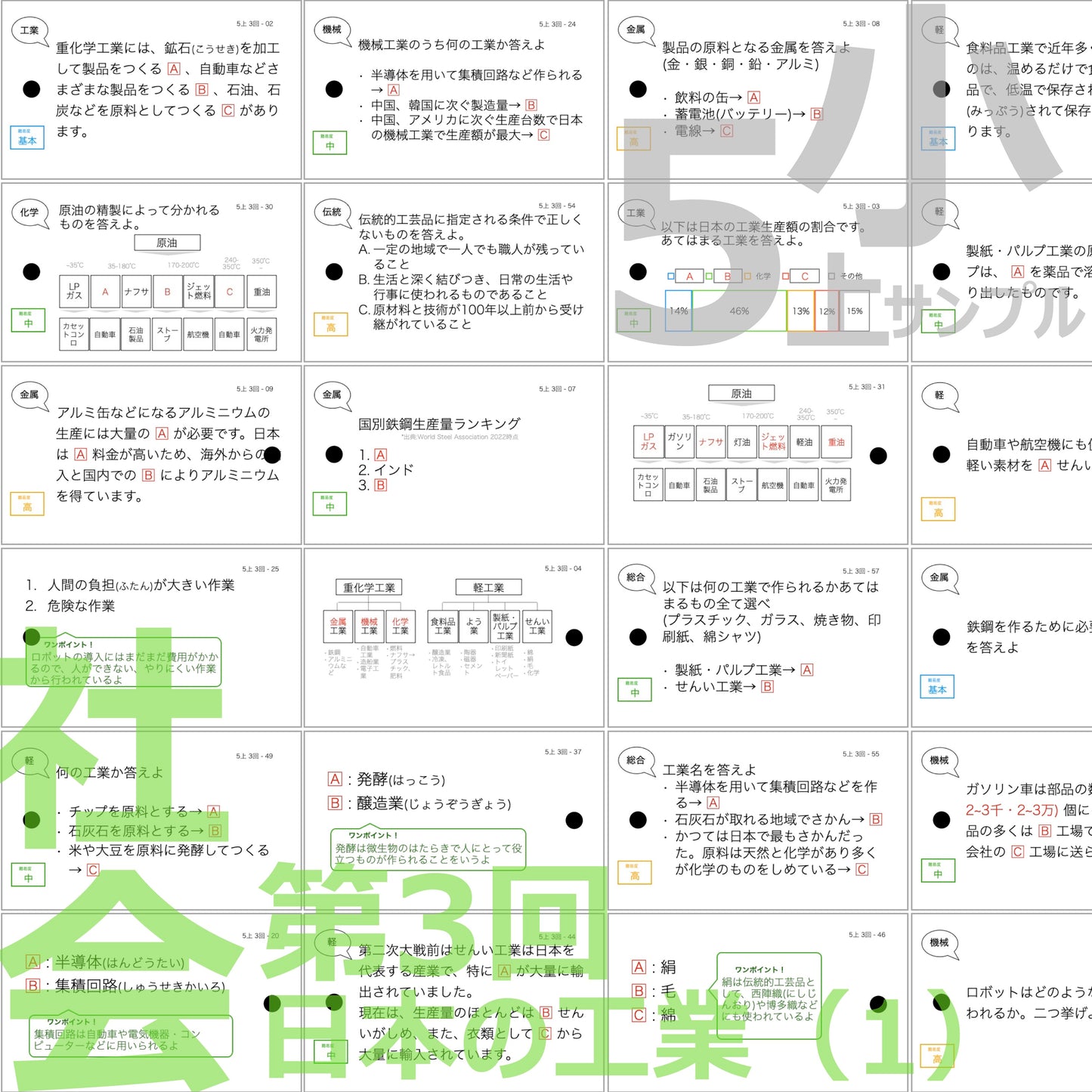 (暗記カード)5年生上下理社全セット(上期1~19回、下期1~18回)