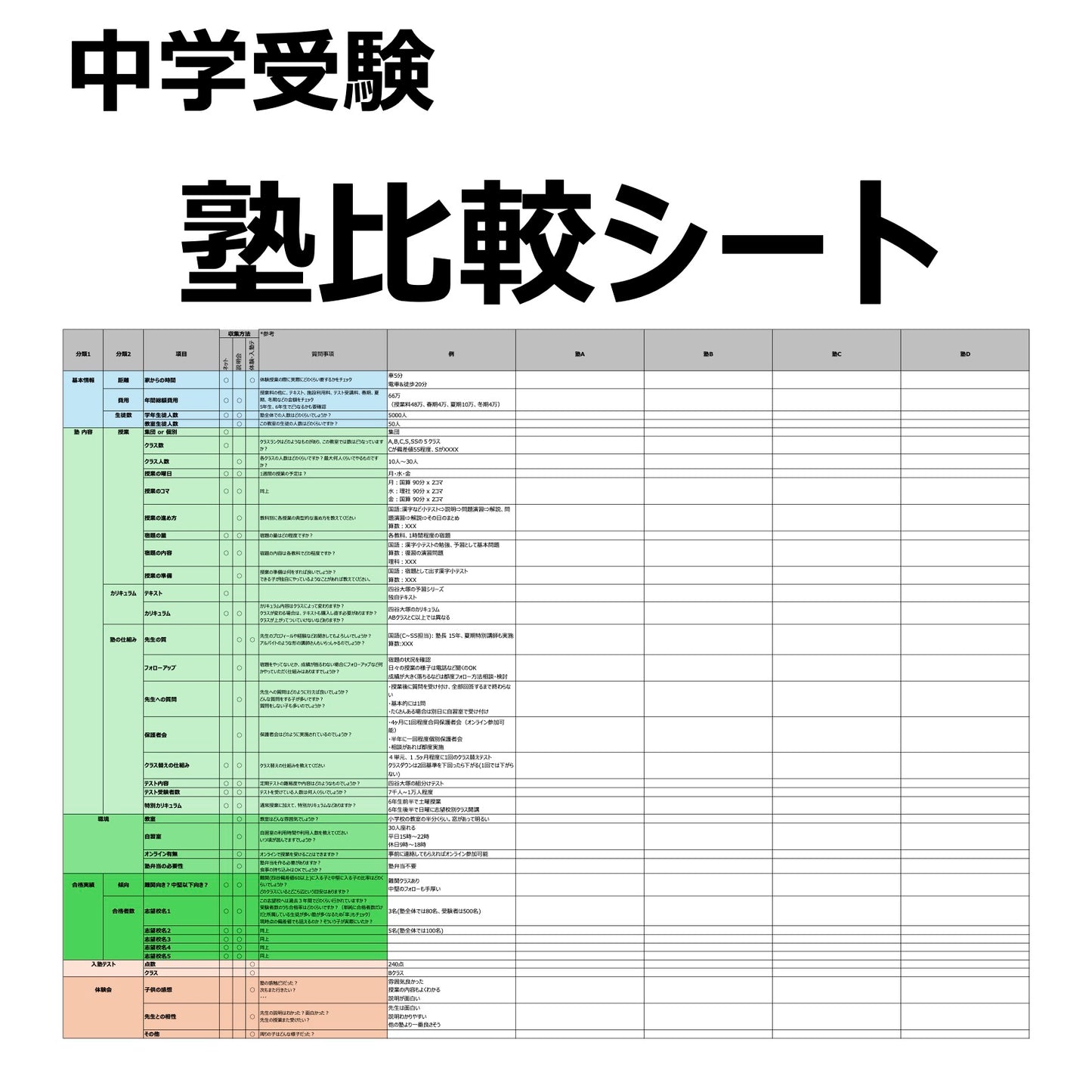 中学受験 塾選び 比較検討用エクセルテンプレート